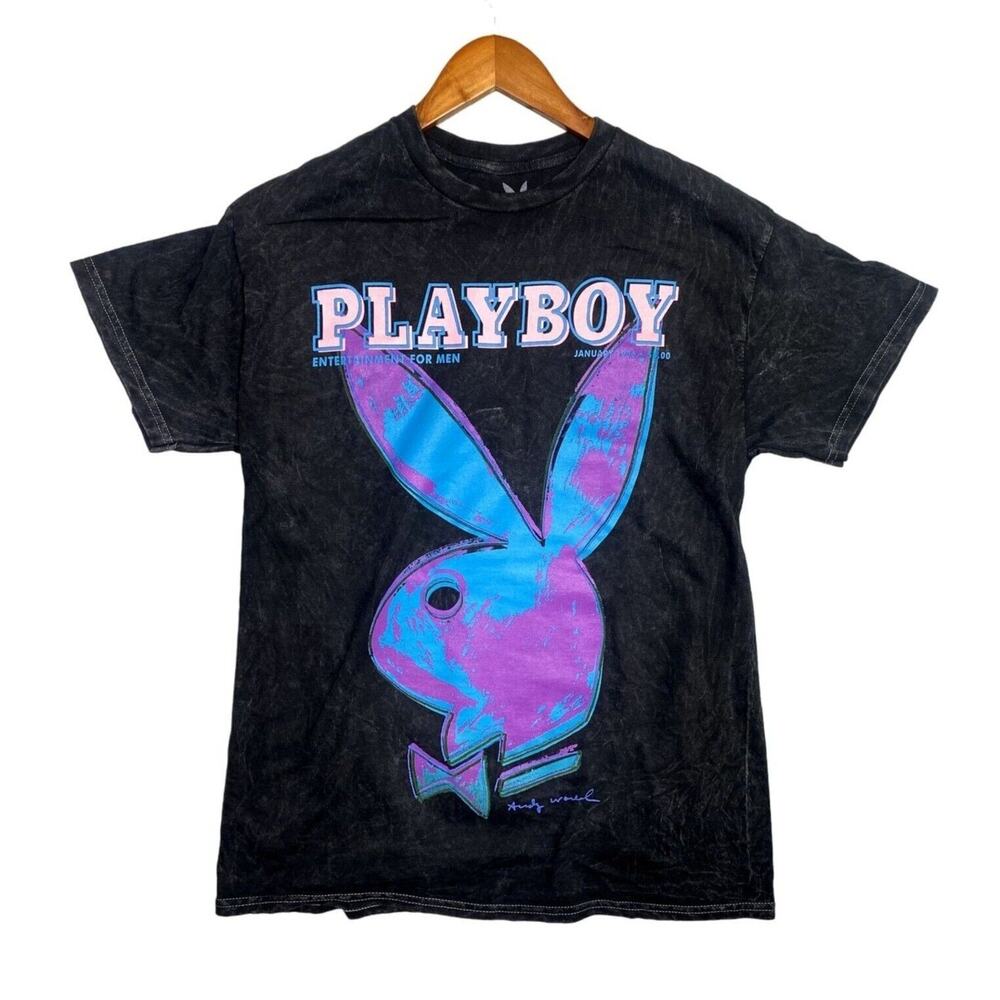 Playboy Vintage Distressed Style Bunny Logo Short Sleeve T Shirt Unisex M Black